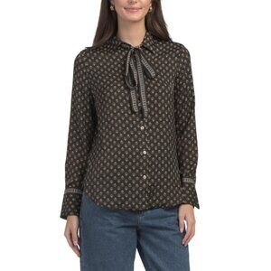 MAX STUDIO LONDON Chocolate Long Sleeve Button Front Blouse With Tie Neck
